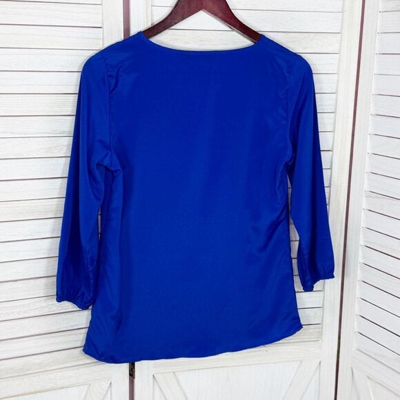 The Limited Cutouts Tie Neck Shimmer Crepe Blouse Blue XS - Picture 8 of 12